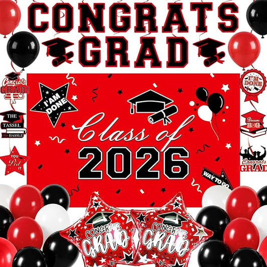 Graduation Decorations 2026, Red Black Graduation Party Decorations Set with Class of 2026 Backdrop Congrats Grad Banner 18inch Foil Grad Star Balloons Hanging Streamers Kit for High School College