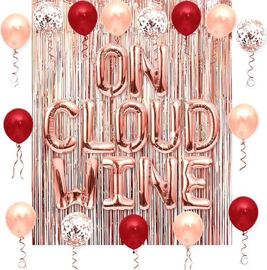 Bride On Cloud Wine Balloon Banner for Wine Bachelorette Party Decoration, Rose Gold Letter Balloons with Balloon Arch Tassel Curtain for On Cloud 9 Bridal Shower Decorations