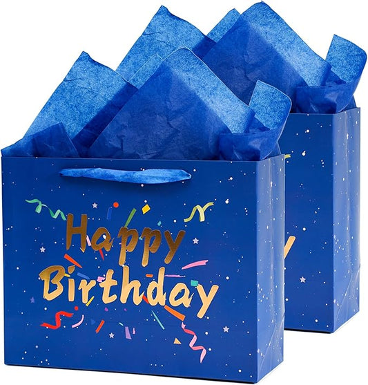 Febbleshow Blue Birthday Gift Bags with Tissue Paper - Matte Finish with Gold Foil Lettering and Confetti Design - Birthday Party Gift Bag for Men Women Kids - 13"x10.3"x4.7" (Pack of 2)