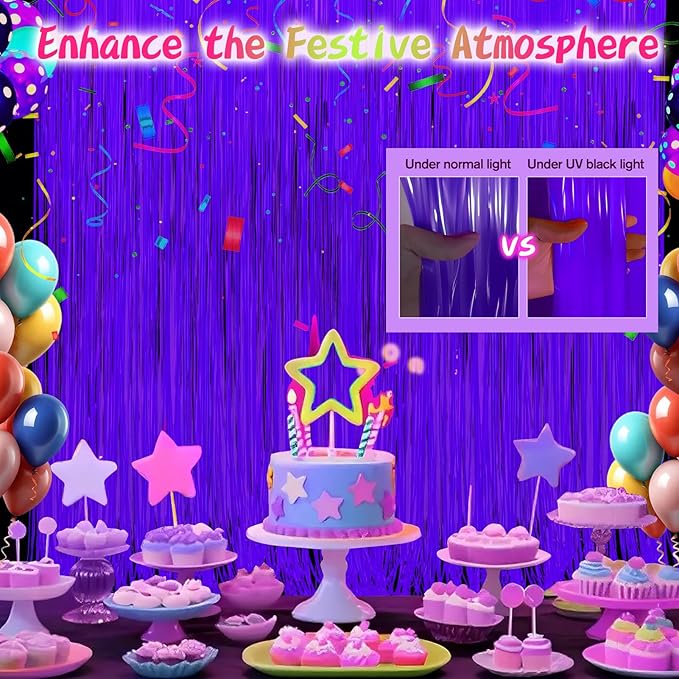 Glow in The Dark Party Supplies 2 Pack Neon Party Decorations Fluorescent Tinsel Foil Fringe Curtains Photo Booth Prop Backdrop Streamer Blacklight Decorations (Neon Purple)