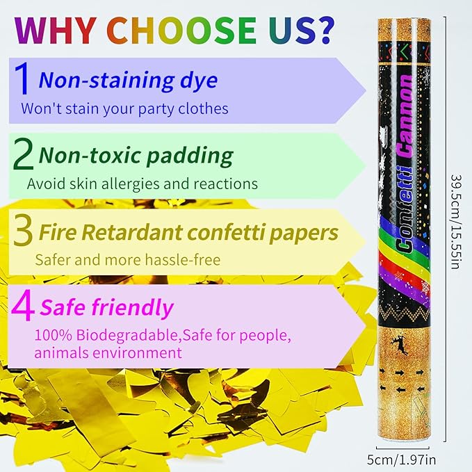 16 Inch [6 Pack] Golden Confetti Cannon Party Poppers Party Supplies, Air Powered | Launches 20-25ft | Celebrations,Graduation ceremony,Birthdays,New Years Eve,Christmas (Golden rainbow-6 Packs)
