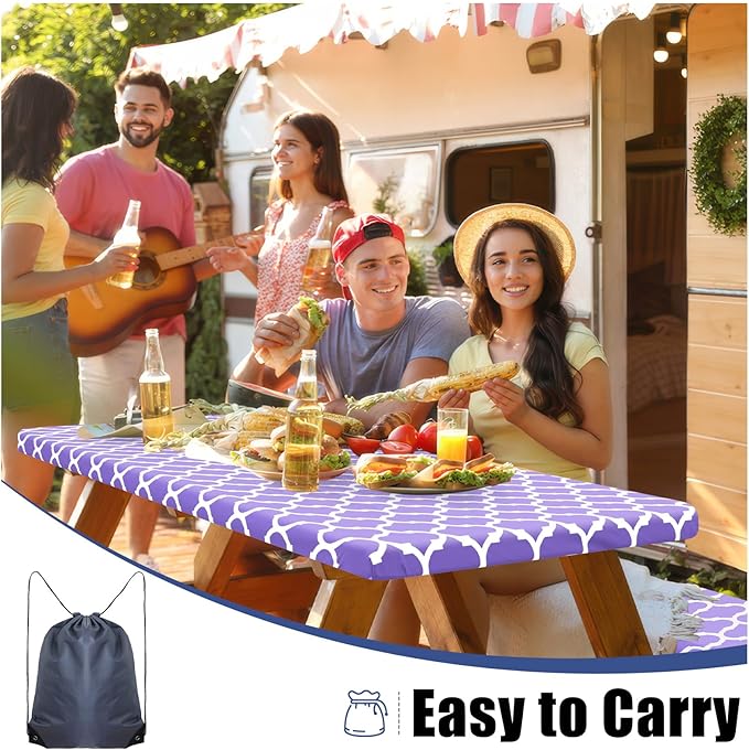 Smiry Picnic Table Cover with Bench Covers, Waterproof Elastic Fitted Tablecloth for 6 Foot Tables, Washable Polyester Tablecloths for Camping, Indoor & Outdoor (Lavender, 30x72 Inch 3-pc Set)