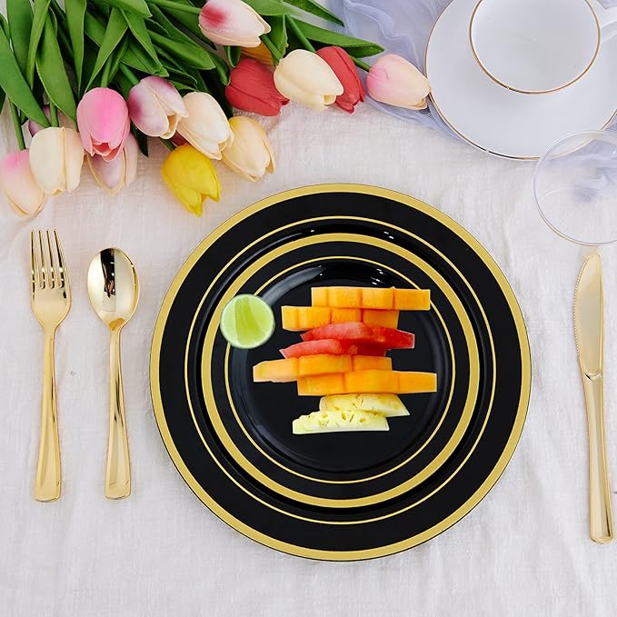 125 Count Halloween Dinner Plastic Plates Include 25 Disposable Dessert Plates & Gold Disposable Silverware, Dinnerware Set Providing for 25 Guests for Party, Wedding