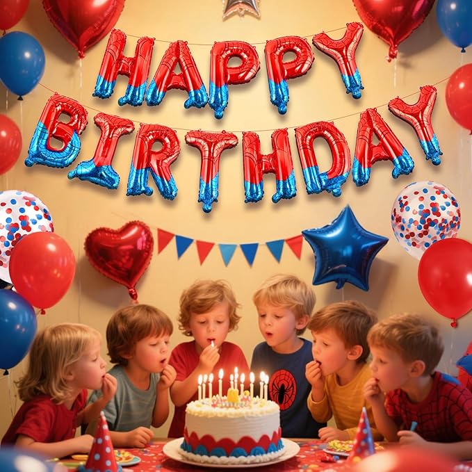 CANREVEL Happy Birthday Banner 16 Inch Mylar Foil Letters with Star & Heart Balloons Spider Theme Birthday Party Decorations for Kids and Adults - 30 Pcs Red & Blue
