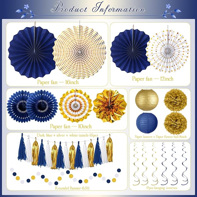 MEIDUO 34 Pcs Blue and Gold Party Decorations, Hanging Paper Lanterns Fans Pom Poms Set, 2026 Blue and Gold Graduation Decorations Supplies, Royal Birthday Decor for Men Boys