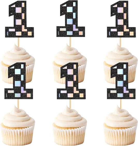 Ercadio 24Pcs Number 1 Cupcake Toppers Checkered One Cupcake Picks for Smiley Assorted Racing Car Theme Baby Shower 1st Birthday Party Cake Decoration Supplies