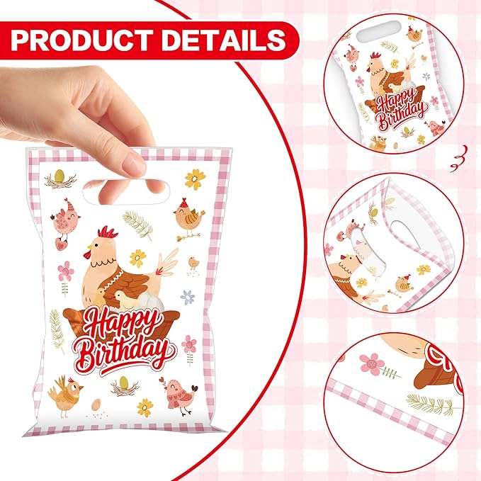 MOIZYNG 50Pcs Chicken Birthday Gift Bags with Handles, Pink Barnyard Little Chick Happy Birthday Plastic Snack Treat Goodie Bags for Farm Animal Chicken Party Decorations
