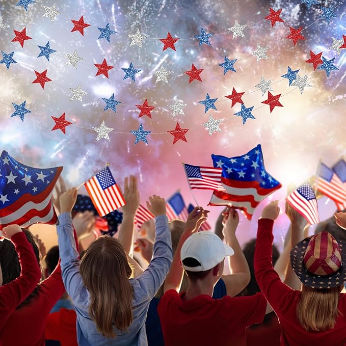Patelai Glitter Star Garland Banner 2026 Graduation Decor 130 Feet Star Hanging Banner Twinkle Backdrop for Party Birthday Classroom Wedding Supplies(Red, Blue, Silver)
