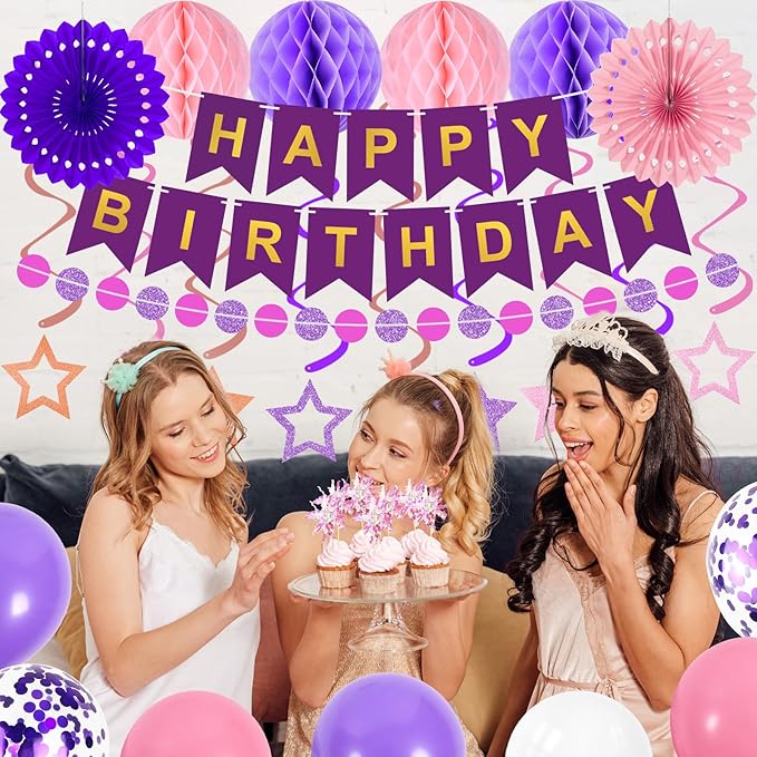 69Pcs Birthday Decorations Purple Happy Birthday Banner Balloons Honeycomb Balls Paper Fans Hanging Swirl Stars Garland Cupcake Toppers Party Decorations for Women Men