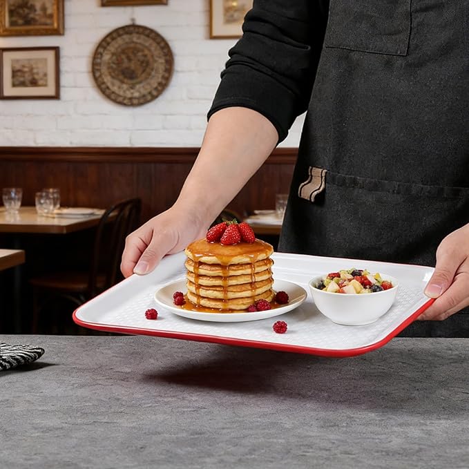 Non-Slip Melamine Serving Trays Set of 2, Rectangular Food Trays with Raised Edges, Stain Resistant White & Red Platters for Restaurant, Party, Home Kitchen, 14.5" x 11" Heavy Duty Trays