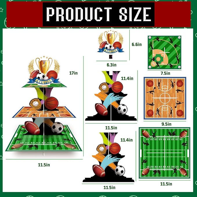 Sports Party Decorations Sports Themed Cupcake Stand 3 Tier Sport Cupcake Holder for Football Basketball Baseball Soccer Sports Birthday Party Decorations