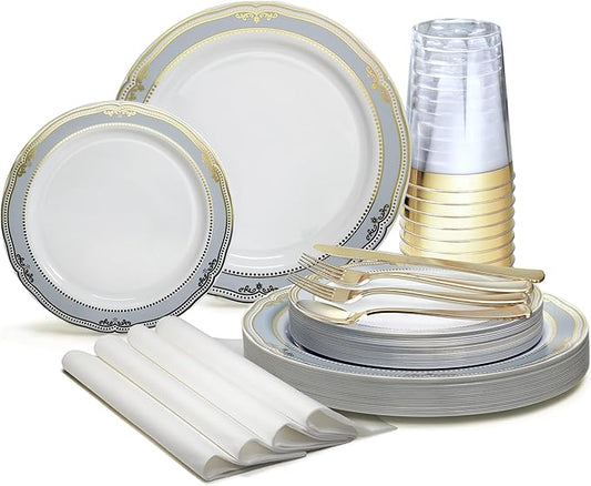 " OCCASIONS " 320pcs set (40 Guests)-Wedding Party Disposable Plastic Plate Set -40 x 10.25'' + 40 x 7.5'' + Silverware + Cups + Napkins (Scalloped in White/Blue & Gold)