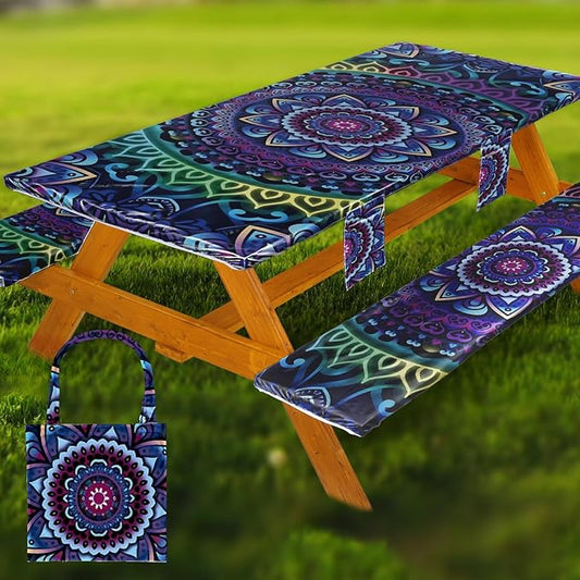 Picnic Table Cover with Bench Covers Vinyl Elastic Edges Fitted Rectangle Seat Tables Waterproof 3-Piece96X30in Set Outdoor Rectangular Folding Backing Tablecloth for Camping Over Size