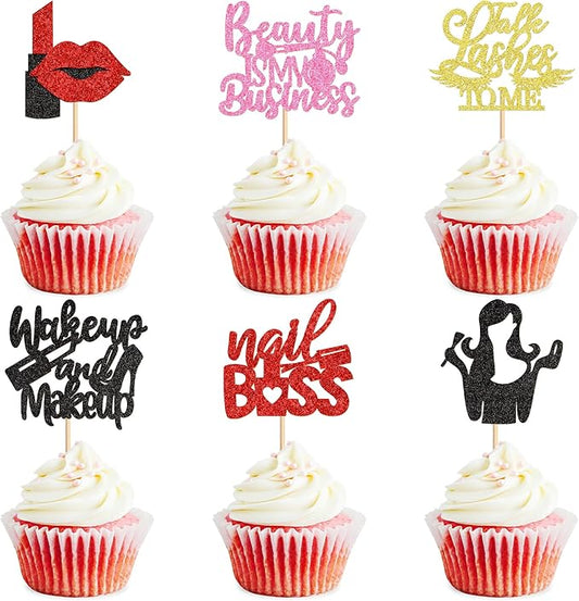 Ercadio 24Pcs Makeup Girl Cupcake Toppers Make-up Artist Cupcake Picks Beautiful is My Business Food Picks for Makeup Girl Birthday Cupcake Decors Cosmetics Make-up Party Supplies