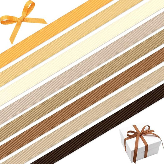 Neutral Brown 3/8 Inch Grosgrain Ribbon Set, 8 Pack x 3 Yards (24 Yards Total), Craft Ribbon for Wedding Gift Wrapping Floral Bouquets Bakery Packaging and Home Decor