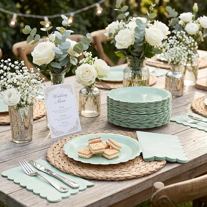 120 Pcs Sage Green Paper Plates and Napkins Party Supplies Bulk Disposable 7 Inch Scalloped Plates Cocktail Napkins for Wedding Bridal Baby Shower Birthday Decorations, Serve 60 Guests