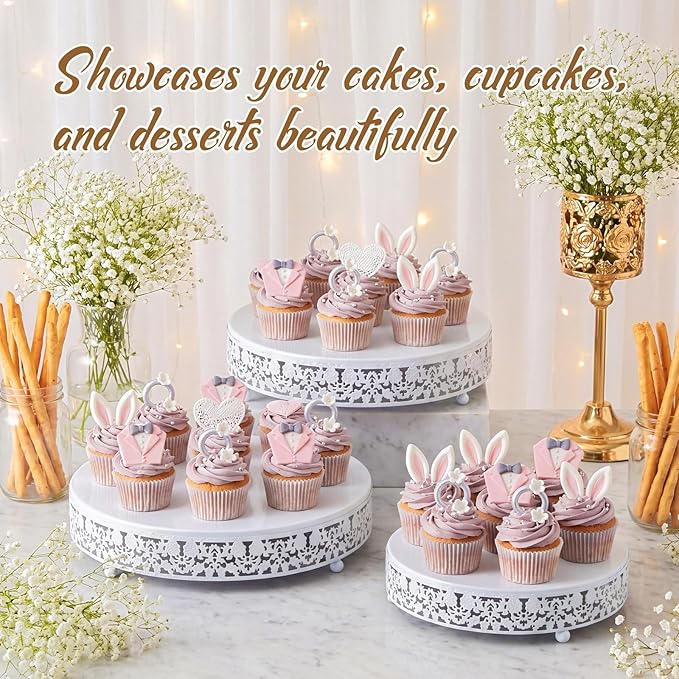 Wenqik 3 Pcs 16'' 14'' 12'' Metal White Cake Stand Round Cake Stands for Dessert Table Cookies Fruit Serving Tray Cupcake Dessert Pastry Riser for Wedding Birthday Party and Events (Traditional Style)