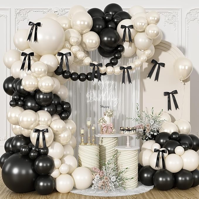 HILAVO Black and Sand White Balloon Arch Kit 105 Pcs Bow Balloon Garland Coquette Bow Balloons Ribbon Double Stuffed Sand Black Balloons for Coquette Birthday Wedding Baby Shower Bridal Party Decor