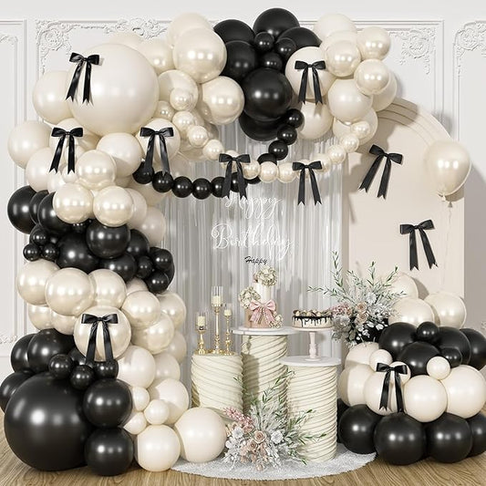 HILAVO Black and Sand White Balloon Arch Kit 105 Pcs Bow Balloon Garland Coquette Bow Balloons Ribbon Double Stuffed Sand Black Balloons for Coquette Birthday Wedding Baby Shower Bridal Party Decor