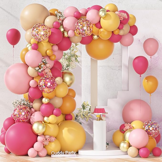 Ouddy Party 149Pcs Pink and Orange Balloon Garland Kit Different Sizes 18 12 10 5Inch, 6Pcs 18” Hot Pink Peach Metallic Gold Balloons for Summer Tropical Baby Shower Wedding Birthday Party Decor
