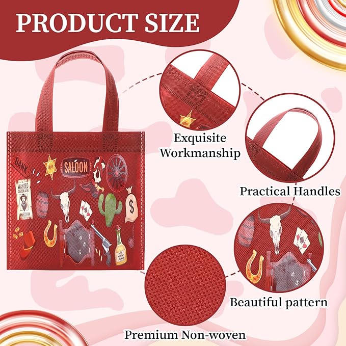 Tudomro 24 Pcs Western Cowboy Favor Bags with Handles, Non Woven Gift Bags, West Cow Print Paisley Hat Boots Treats Totes for Rodeo Birthday Baby Shower Party Supplies
