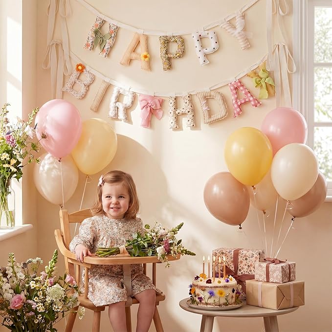 Suncalla Pre-strung Happy Birthday Banner Sign Reusable Felt Happy Birthday Garland Hanging Decorations Party Bunting Garland for Party Decor Photo Pro Home Backdrop (Flower,Flower Colors)