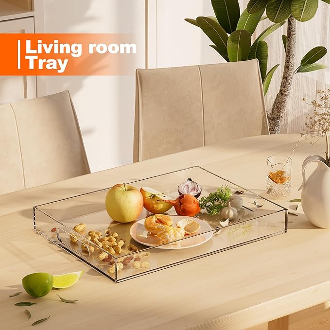 Serving Tray 12x16 Inch Decorative Serving Trays with Handles Clear Acrylic Serving Platter for Appetizers, Breakfast, Snacks – Perfect for Parties, Events, and Home Use, 2 Pack