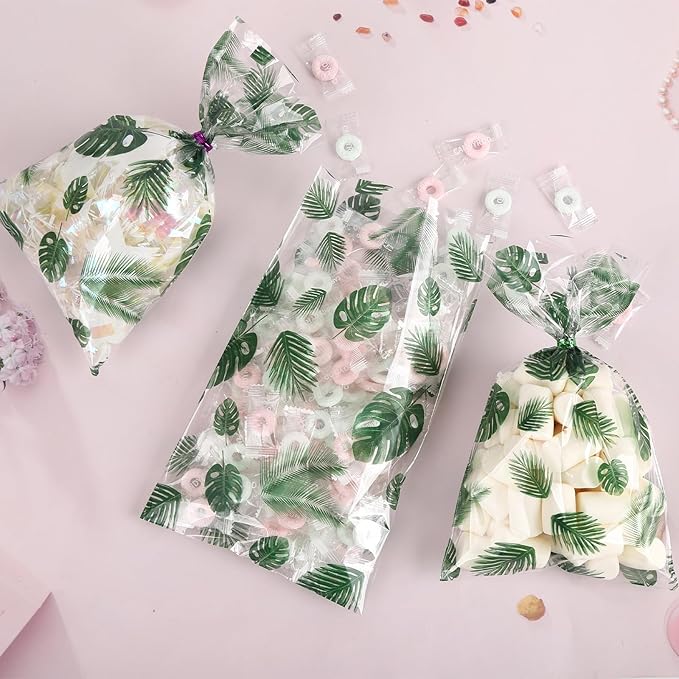 100 Pcs Gift Wrap Cellophane Treat Bags, 7 X12 Inch Hawaiian Palm Leaf Cellophane Candy Bags with for Candy,Cookies,Wedding Bridal Decorations Birthday,Valentine Party with Twist Ties