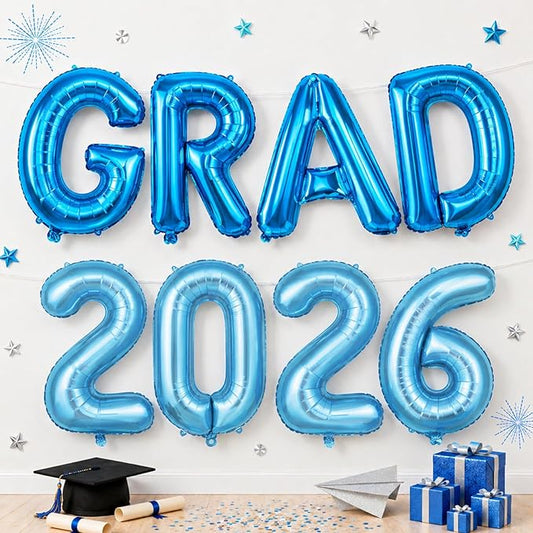 Blue Grad 2026 Balloons, 2026 Graduation Decorations Set Congrats Grad Foil Balloons Banner Sign for Class of 2026 Graduation Decorations College High School Prom Party Backdrop Supplies
