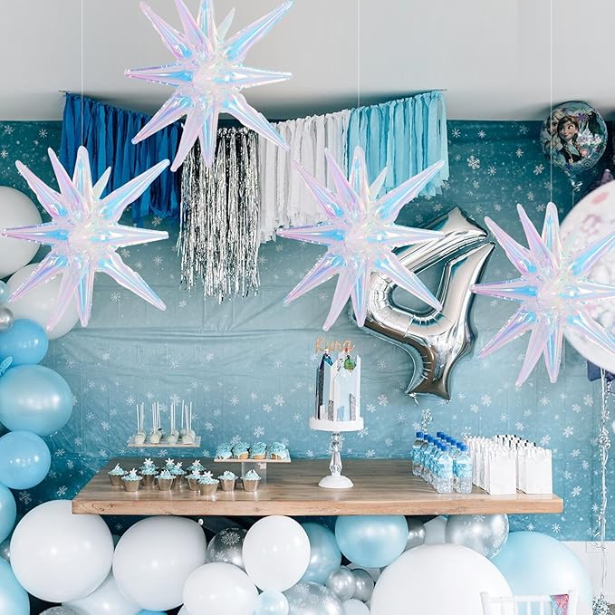 TONIFUL 4 Pcs 22inch 4D Iridescent Explosion Star Mylar Balloons 14Point Star Balloons for Party Decorations Backdrop Christmas New Year Birthday Wedding Baby Shower Anniversary Photo Booth Supplies