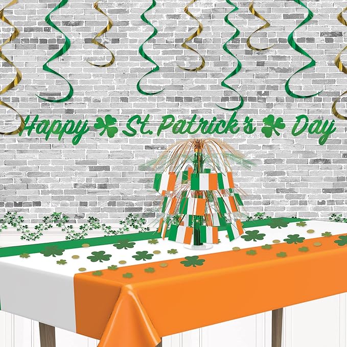 Beistle Irish Tablecovers, 54” x 108”, 2 Pieces – Plastic Table Cloth, Rectangular Tablecloth, Striped, St. Patrick’s Day, St. Patrick’s Day Decorations
