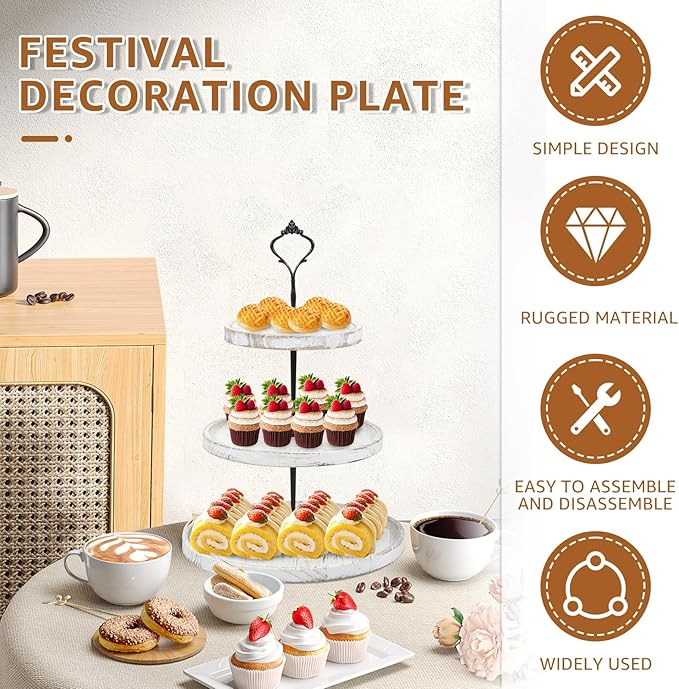 Wooden Cupcake Stand 3 Tiers, Rustic, 50 Cupcakes, Round Tiered Dessert Display, Wedding/Birthday Party, White