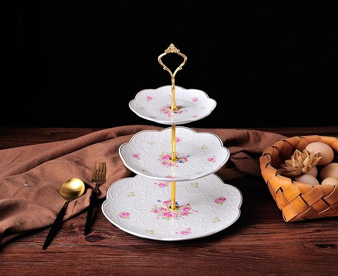 Jusalpha® Elegant Embossed 3-tier Ceramic Cake Stand- Cupcake Stand- Tea Party Pastry Serving Platter in Gift Box and a Free Sugar Tong (FL-Stand 03)