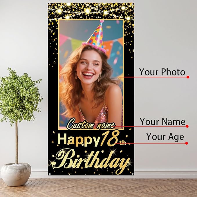 Personalized Happy Birthday Door Banner with Photo Custom Name Birthday Decorations Party Supplies for Women Men (Black and Gold)