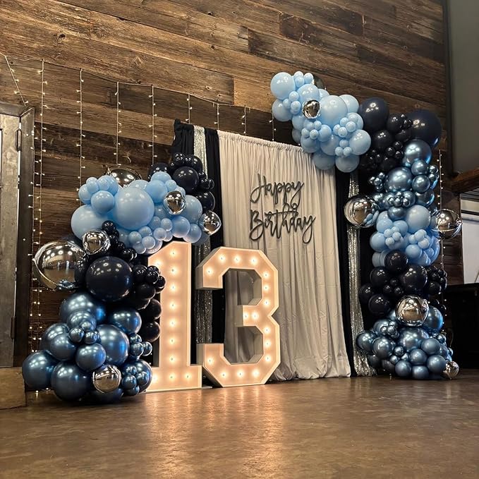 Blue Balloon Arch Kit, 102pcs Navy Blue Silver Blue Metallic Blue Difference Sizes Latex Balloons with 16ft Tape Strip & Dot Glue for Baby Shower, Birthday, Graduation Decoration
