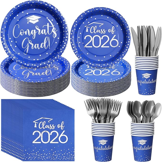 175pcs Class of 2026 Graduation Plates and Napkins Set, Disposable Paper Plate Set Polka Dots Napkins Cups Knife Fork Spoon for Graduation Party Decorations and Supplies,Serve 25 (Blue Silver)