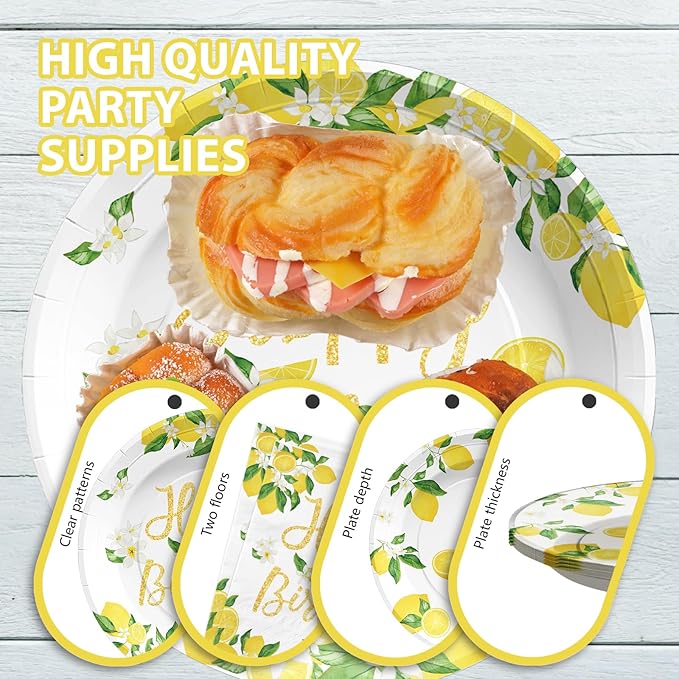 96PCS Lemon Birthday Party Decorations Freshly Graduated Lemon Party Plates Disposable Yellow Lemons Paper Tableware Set for Summer Lemonade Theme Birthday Lemons Baby Shower Fruit Themed Serves 24