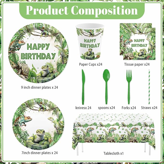 MEHOFOND Reptile Birthday Party Decorations - Happy Birthday Reptile Snake Plates and Napkins - Snake Turtle Palm Leaf Jungle Paper Plates Cups with Tablecloths, Reptile Bday Party Supplies, Serve 24
