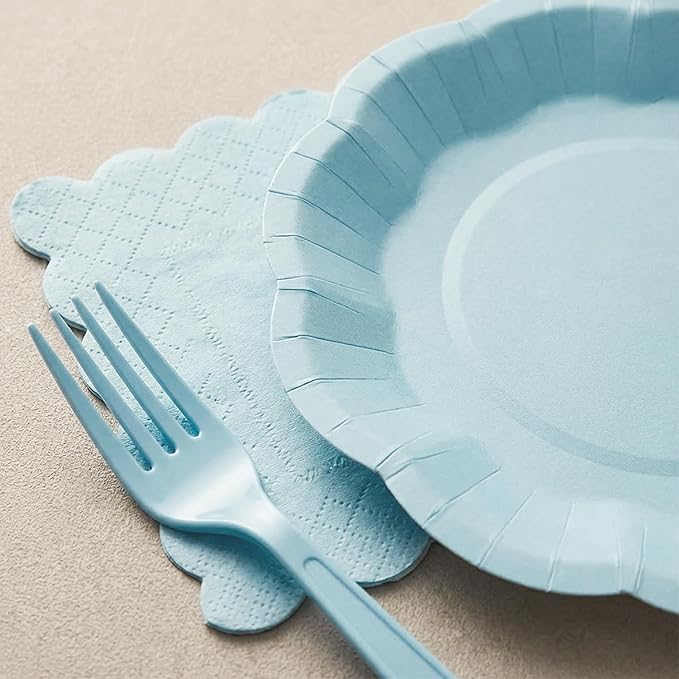 168 Pcs Pastel Blue Party Supplies Serves 24 Disposable Plates and Napkins with Full Plastic Utensils, Light Blue Tableware Set for Baby boy Shower, Birthday, Garden Events