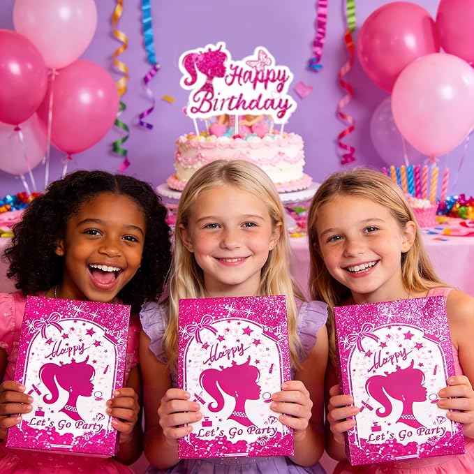 We1stdsee 24 Pack Pink Girl-Themed Party Goodie Bags with Sealing Stickers, Candy Treat Party Favor Bags for Kids Girls Birthday Party Decorations Supplies