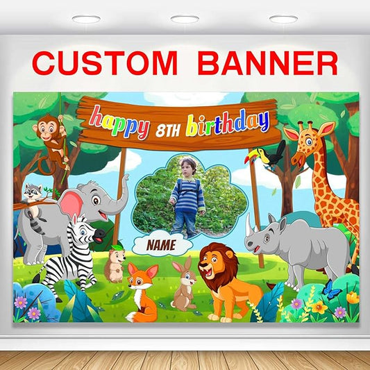 Custom Jungle Safari Happy Birthday Party Decorations Supplies Personalized Jungle Safari Animal Birthday Backdrop Banner(6x9ft)