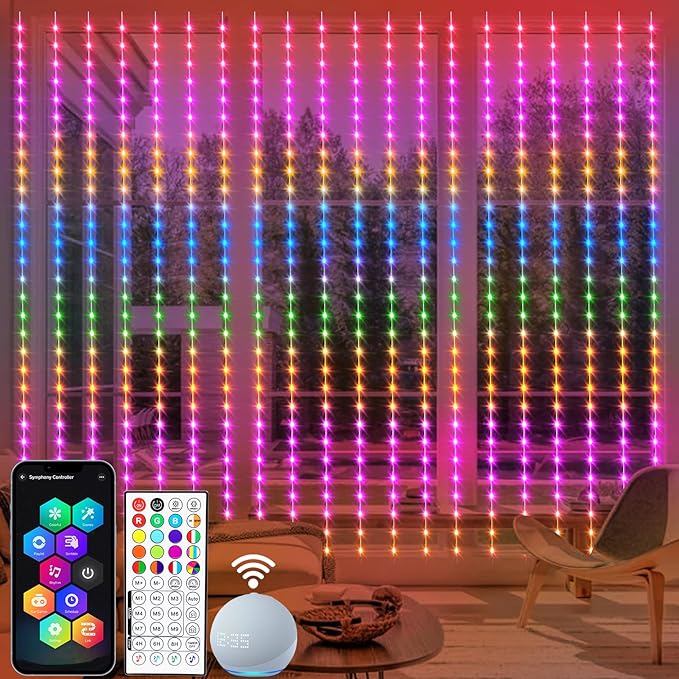 echosari Smart 600 LED Curtain Lights 20Ft x 10Ft Compatible with Alexa App Control DIY Fairy Lights, Dynamic for Backyard Home Wedding Party Decor - RGB Color Changing IC