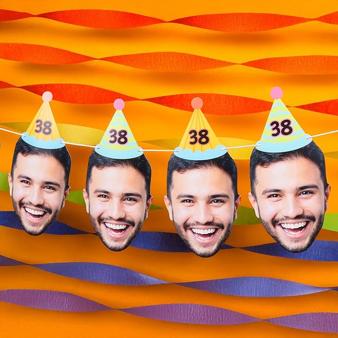 Big Dot of Happiness Custom Colorful Birthday Face Cut Out Garland Banner, Personalized Birthday Age Decor, Custom Party Time Face Banner, 30 Feet of Cord, 10 Face Cut Outs