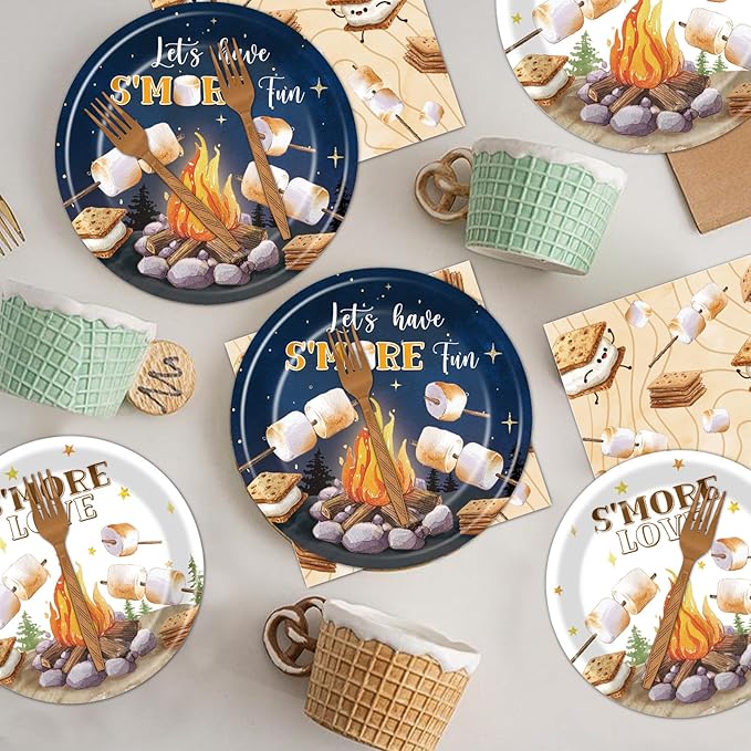 Smores Camping Birthday Party Decorations, 96PCS Camping Disposable Paper Plates and Napkin Tableware Decoration Let‘s Have S'more Fun Forks Decor Baby Shower Supplies, Serves 24