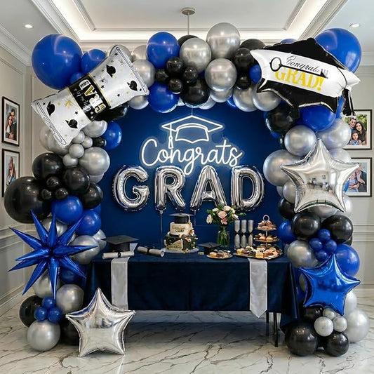 Black royal blue and Silver Balloon Garland Arch Kit 130+ Pieces with royal blue and Silver Stars, Graduation Certificate Graduation Cap GRAD Letters Mylar Balloons for 2025 Graduation Prom Decoration