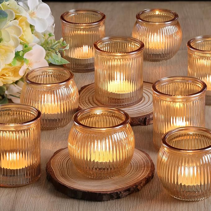 NITIME 12pcs Assorted Gold Votive Candle Holders for Wedding Decor, Ribbed Gold Tea Lights Candle Holder for Diwali, Glass Candle Holder for Fall Table Centerpiece, Party and Holiday Decorations