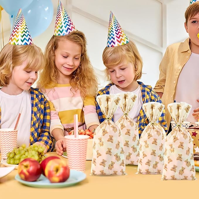 100 Pcs 5x11 Inch Cellophane Bags with 100 Gold Twist Ties, Little Bear Printed Clear Candy Bags, Food-Safe for Valentine's Day, Birthday, Christmas, Ideal for Cookies, Snacks & Party Favors
