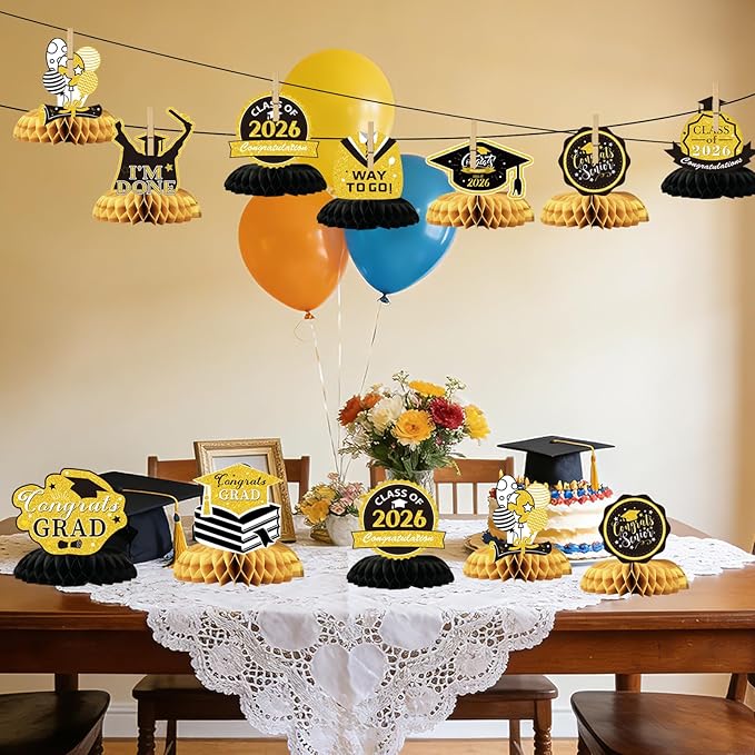 Graduation Decorations 2026 Black Gold Centerpieces 9 Pcs, Class of 2026 Graduation Table Decorations, Grad Party Decor for High School College, Graduation Party Supplies