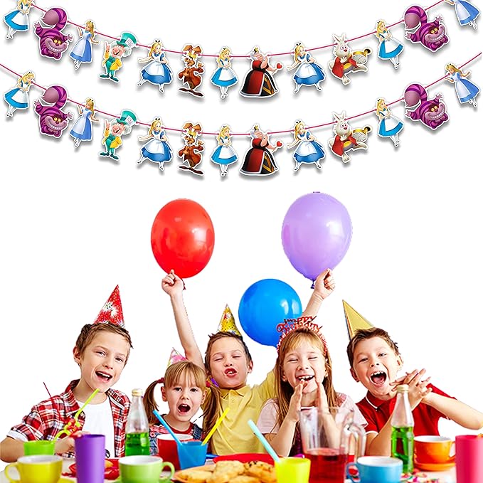 Alice in Wondrland Garland Decoration – Fairy Tale Birthday Party Supplies – Cartoon Inspired Hanging Banner for Adults – Baby Shower, School Events, Family Gatherings, and Themed Celebrations