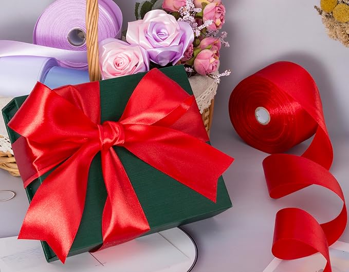 YASEO 2 Inch Red Solid Satin Ribbon, 50 Yards Craft Fabric Ribbon for Gift Wrapping Floral Bouquets Wedding Party Decoration